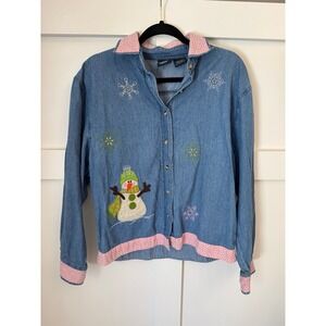 Lighthouse apparel snowman denim button front with back design size medium EUC